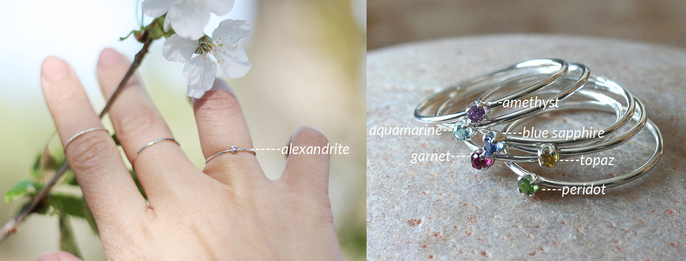 Dainty faceted birthstone stacking rings in sustainable silver. Handmade in New Jersey.