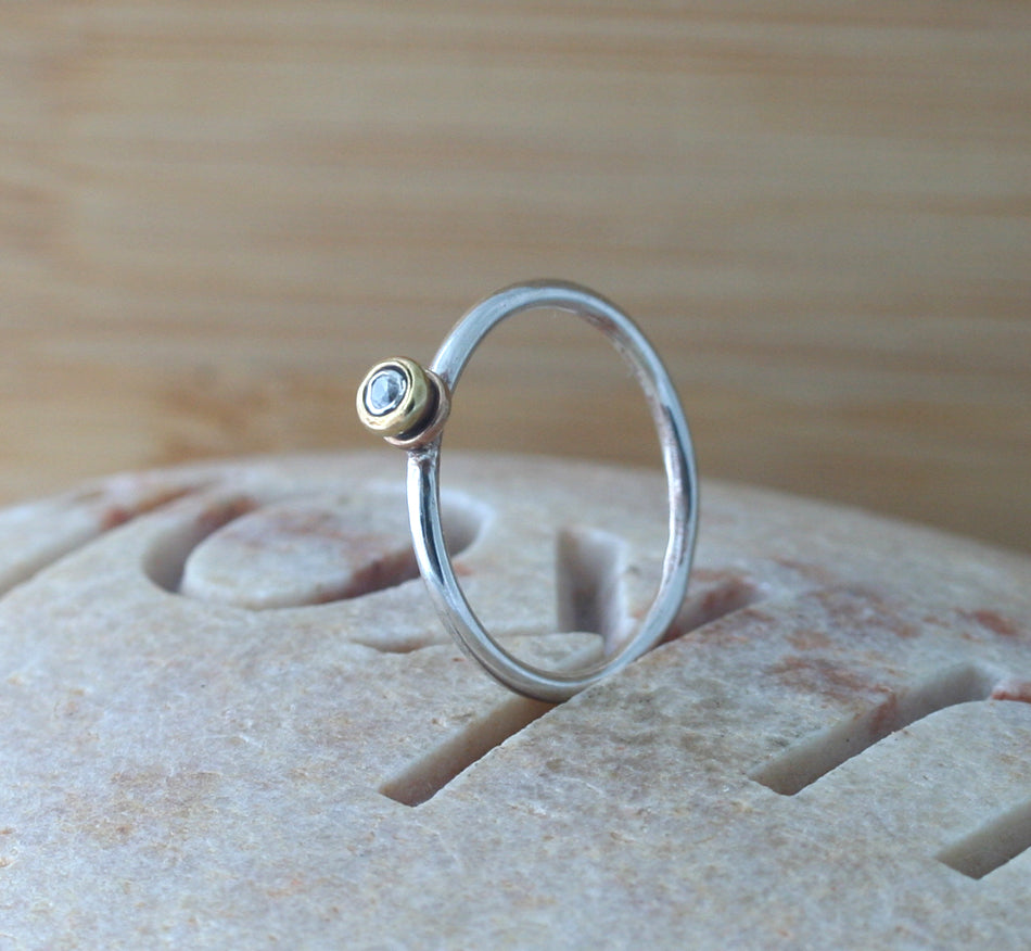 Guitar String Ball Ring with Cubic Zirconia Stacking Ring in Sterling Silver and Brass • April Birthstone • Size 7