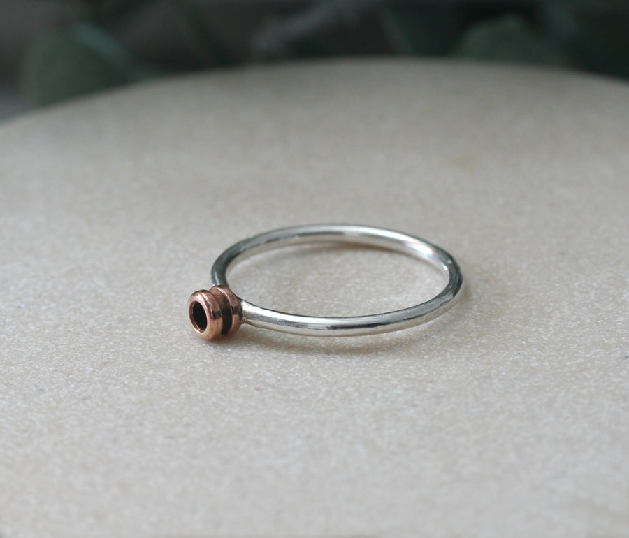 Guitar String Ball Ring with Cubic Zirconia Stacking Ring in Sterling Silver and Brass • April Birthstone • Size 7