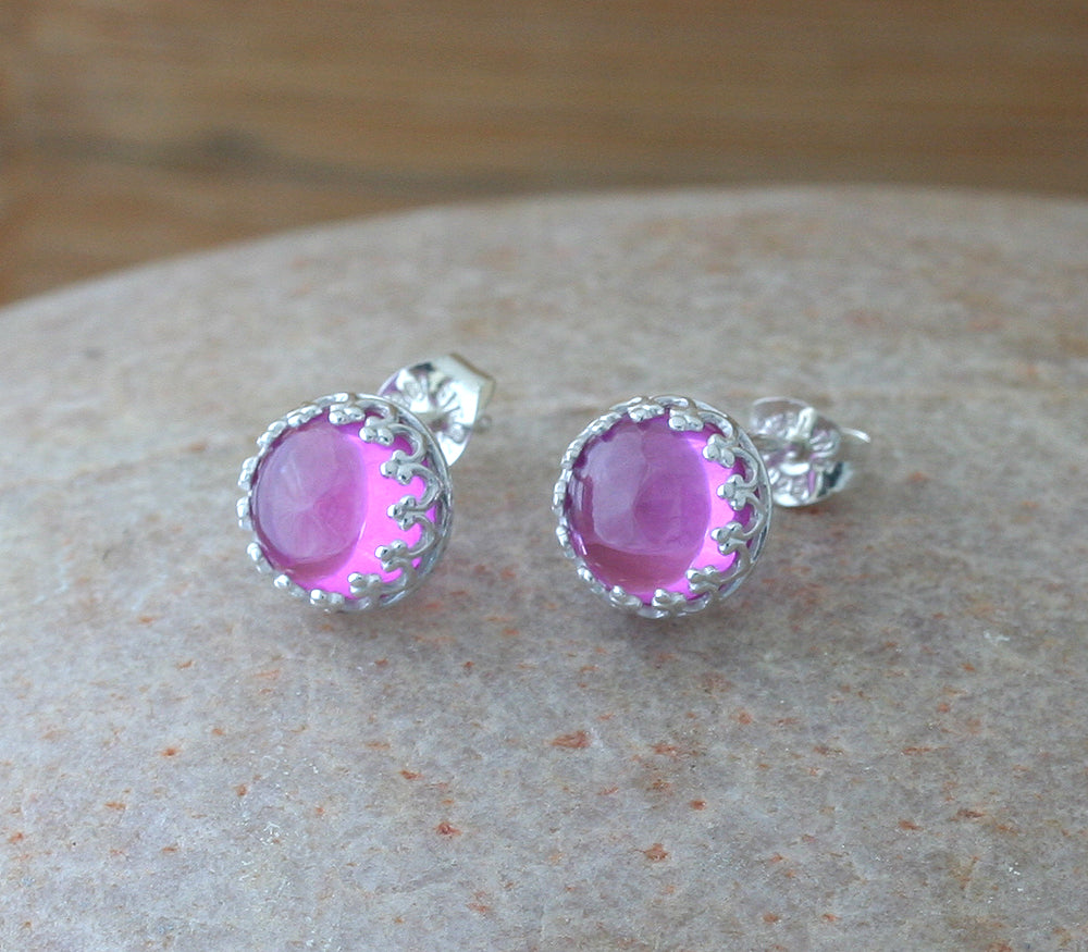 Pink sapphire crown princess earrings in sustainable sterling silver. Ethical. Handmade in New Jersey, US.