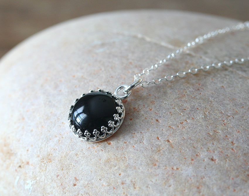 Black Onyx Pendant Necklace Sterling Silver • 12 mm