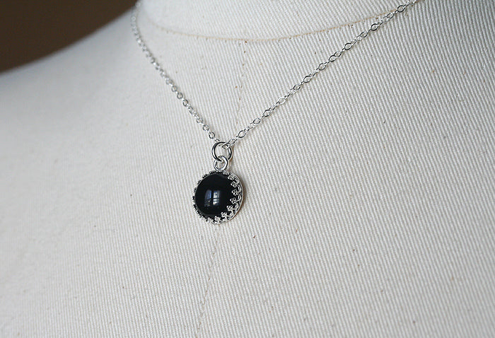 Black Onyx Pendant Necklace Sterling Silver • 12 mm