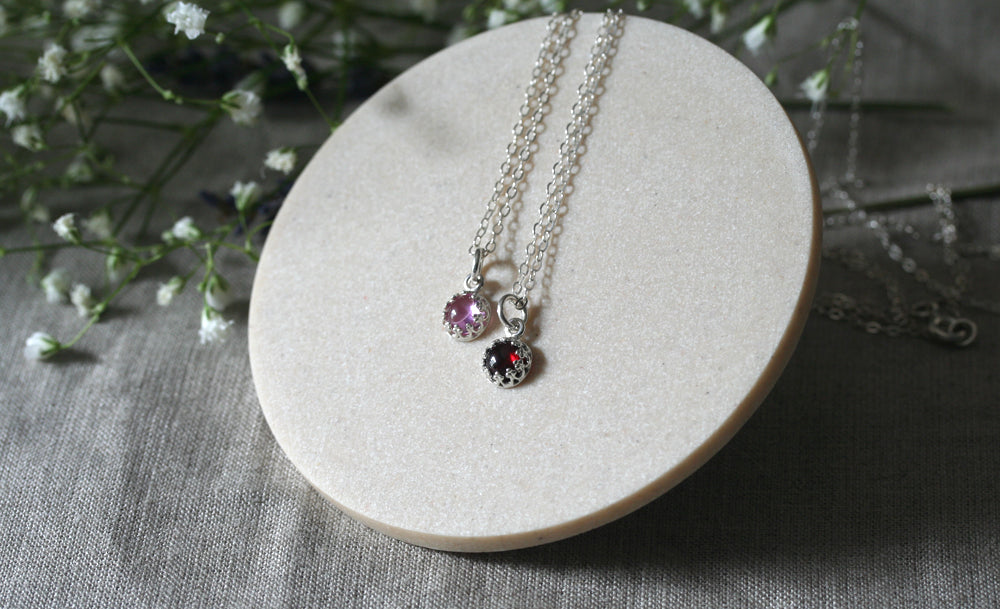 Small pink sapphire and garnet princess crown necklace in sustainable sterling silver. Ethical. Handmade in New Jersey, US.