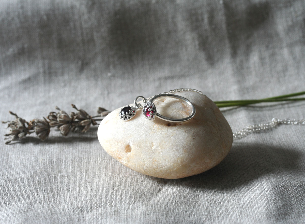 Small garnet princess crown ring and pendant necklace in sustainable sterling silver. Handmade in New Jersey, US.