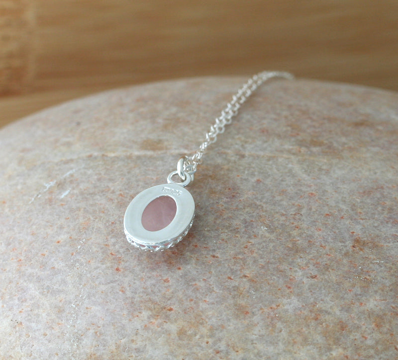 Oval rose quartz crown necklace in sustainable sterling silver. Handmade in New Jersey, US