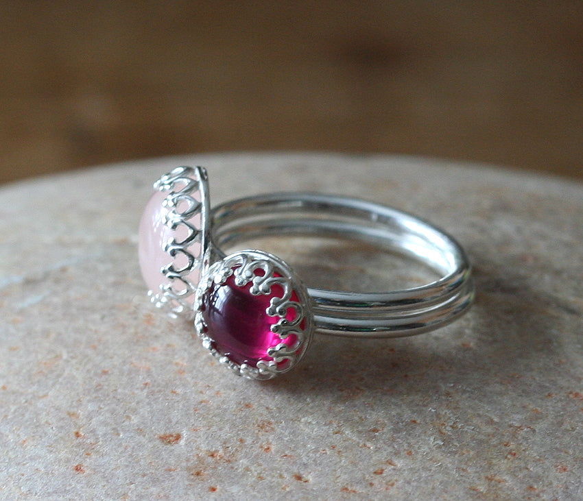 Ruby and rose quartz princess crown rings in sustainable sterling silver. Handmade in New Jersey, US.