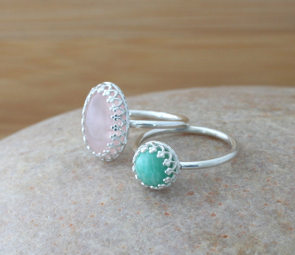 Rose quartz and amazonite princess crown rings in sustainable sterling silver. Handmade in New Jersey, US.