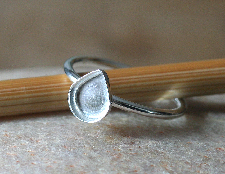 Teardrop Pear Ring Blank Sterling Silver, 8 x 6 mm Sterling Silver Empty Bezel Cup on Ring