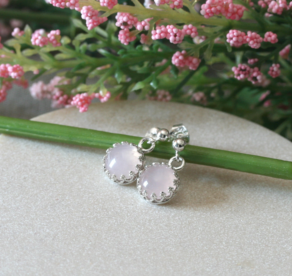 Rose Quartz Ball Post Stud Crown Silver Earrings