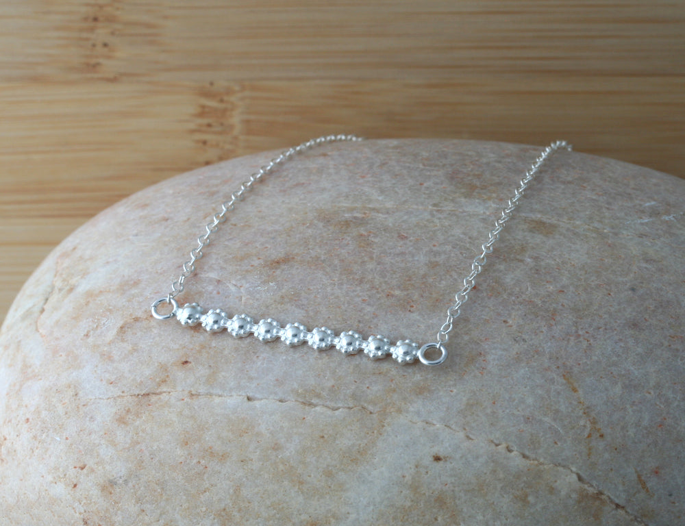Daisy Flower Bar Necklace in Sterling Silver. 