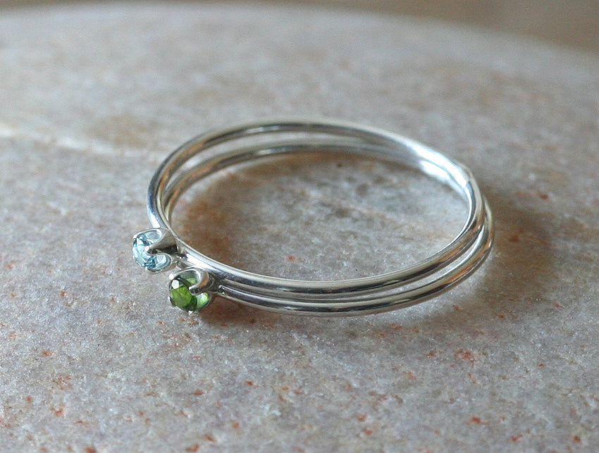 Faceted peridot dainty thin stacking ring. Handmade in New Jersey with sustainable silver. 