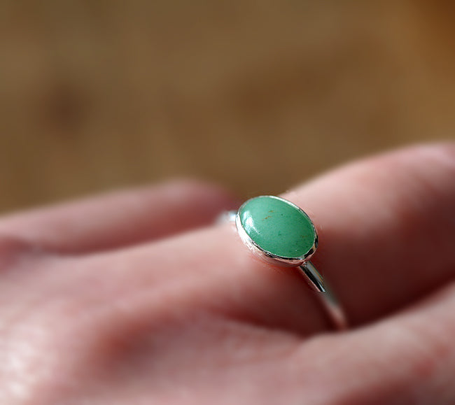 Aventurine Oval Stacking Ring on finger in Sustainable Sterling Silver
