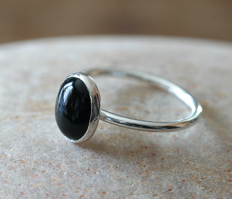 Oval Black Onyx Stacking Ring in Sterling Silver • 8x10 mm
