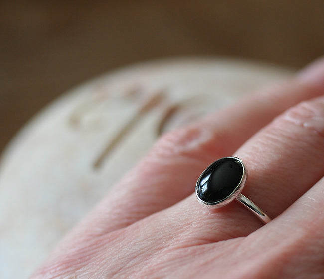 Oval Black Onyx Stacking Ring in Sterling Silver • 8x10 mm