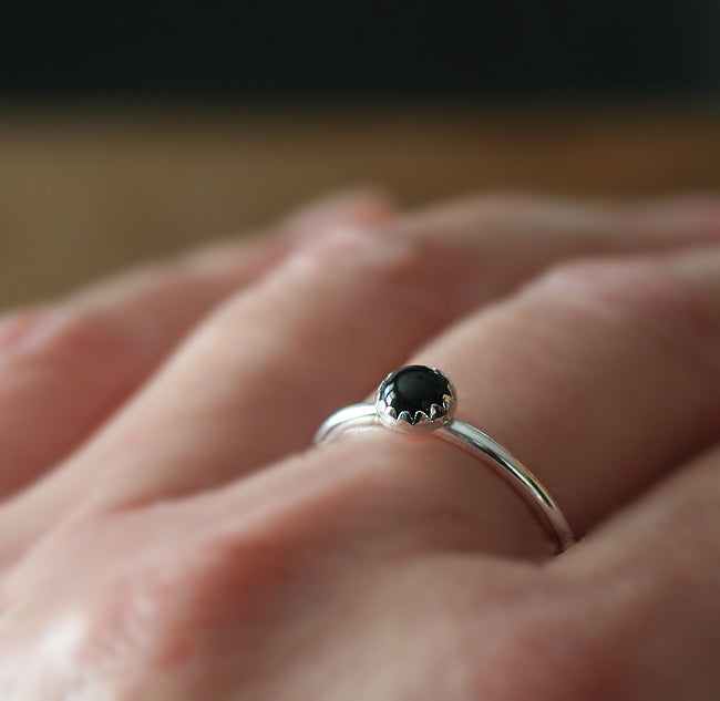 Black Onyx Stacking Ring in Sterling Silver with Serrated Bezel