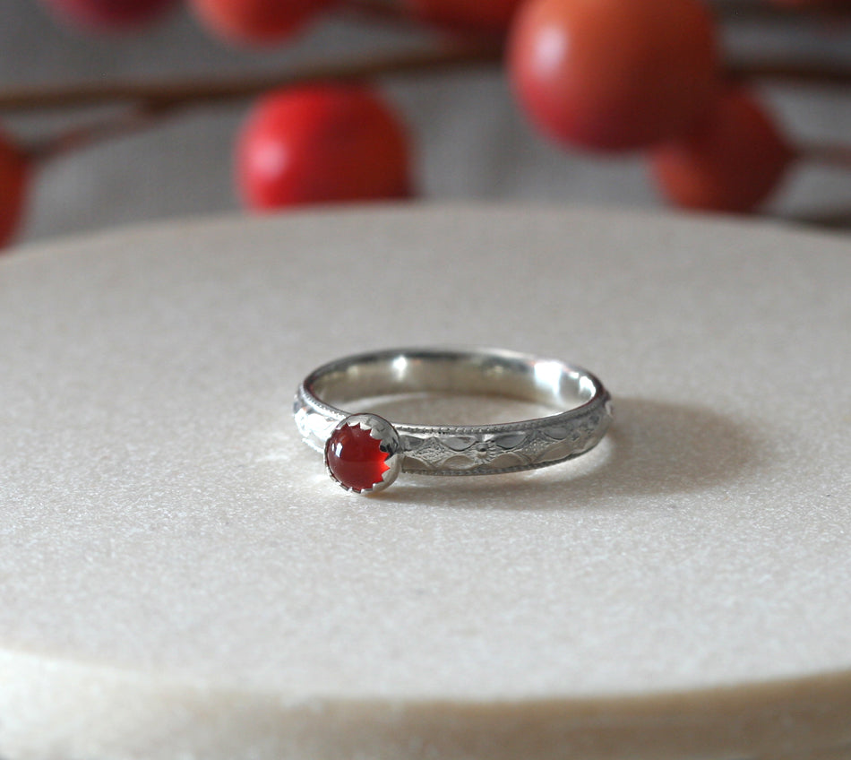Carnelian Floral Stacking Ring in Sterling Silver with Serrated Bezel