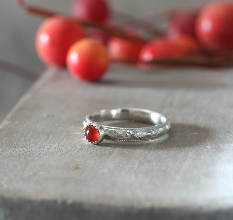 Carnelian Floral Stacking Ring in Sterling Silver with Serrated Bezel
