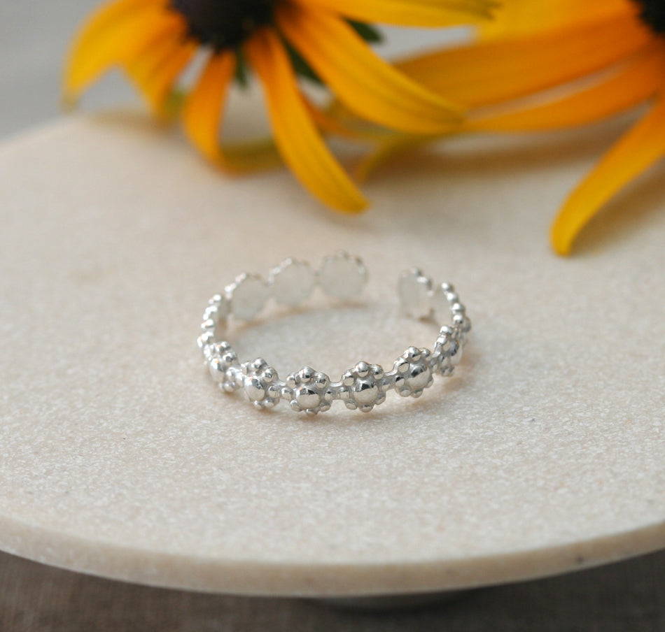 Adjustable Open Daisy Stacking Ring in Sterling Silver