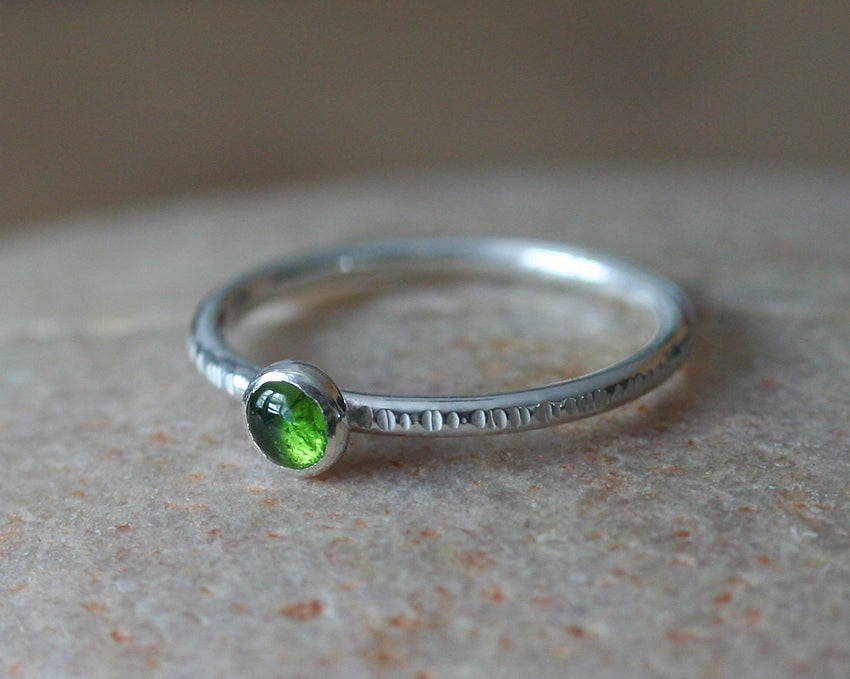 Green Diopside stacking ring made in sustainable sterling silver with tree bark finish. Handmade in New Jersey, US.