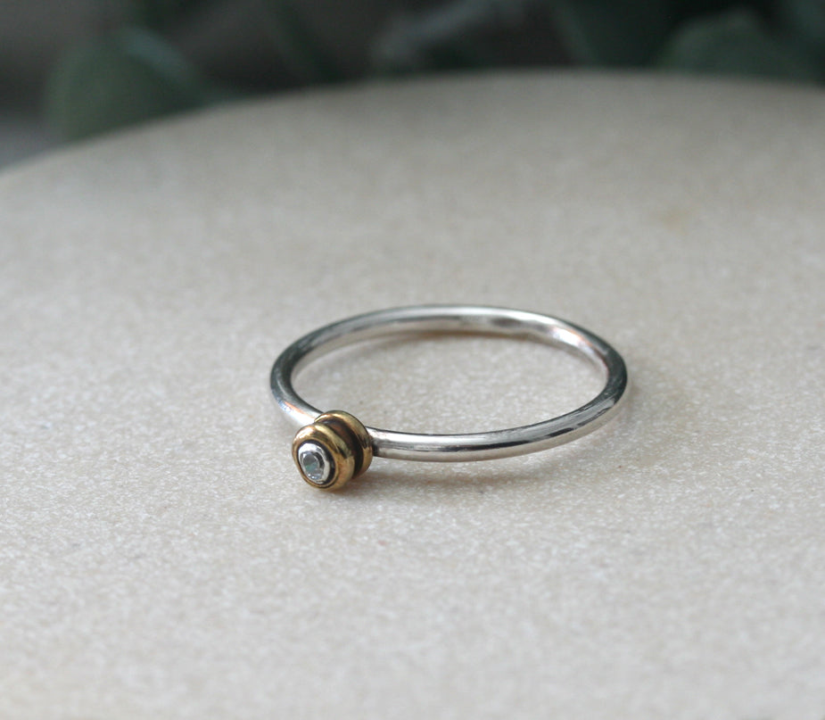 Guitar String Ball Ring with Cubic Zirconia Stacking Ring in Sterling Silver and Brass