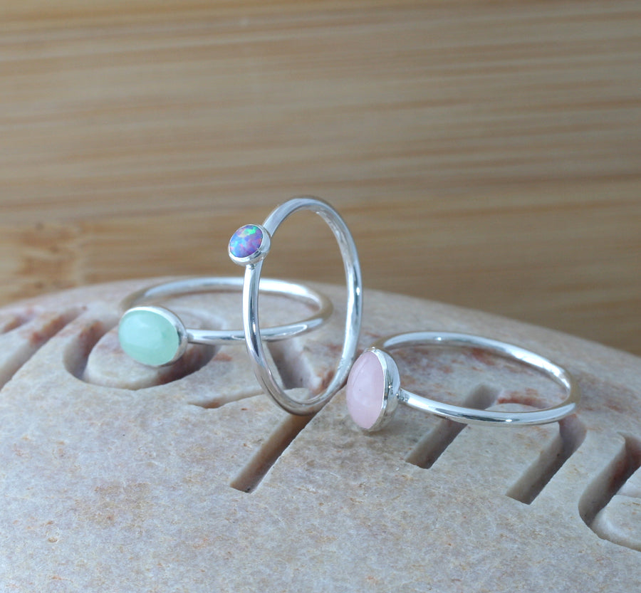 Aventurine and Rose Quartz Oval Stacking Rings in Sustainable Sterling Silver