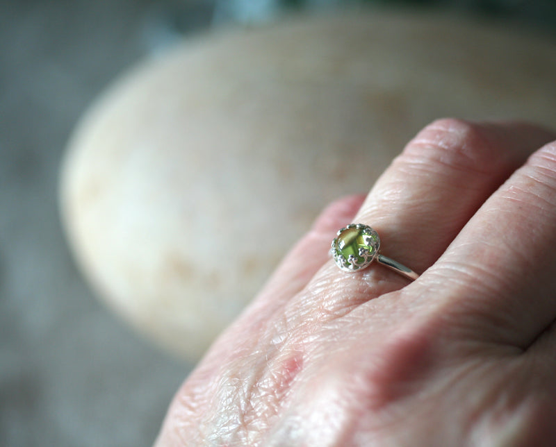 Peridot Crown Ring on Finger in Sterling Silver