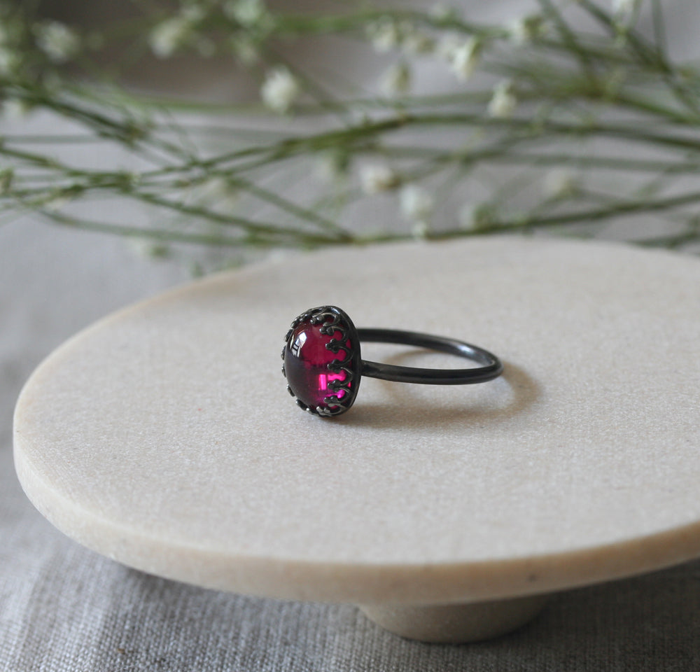 Oval Ruby Crown Ring Sterling Silver • 8 x10 mm • July Birthstone