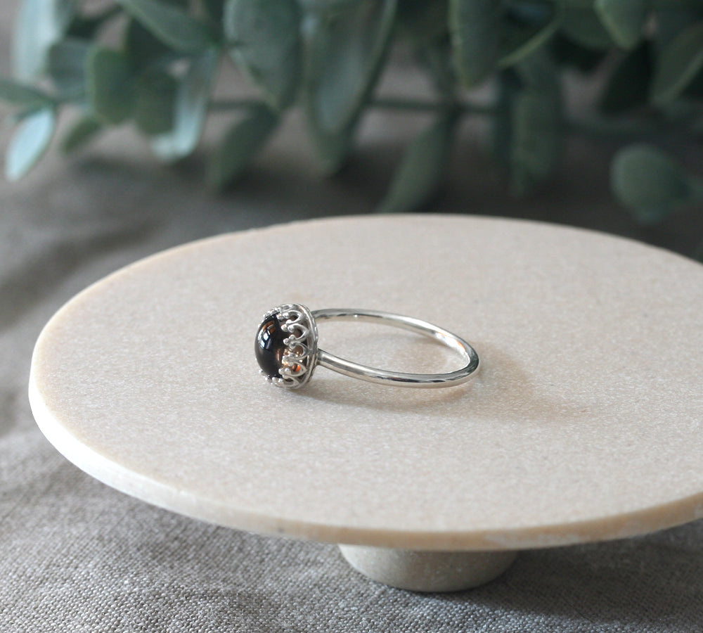 Smokey Quartz Crown Princess Stacking Ring in sustainable Sterling Silver, November Birthstone, Handmade in New Jersey