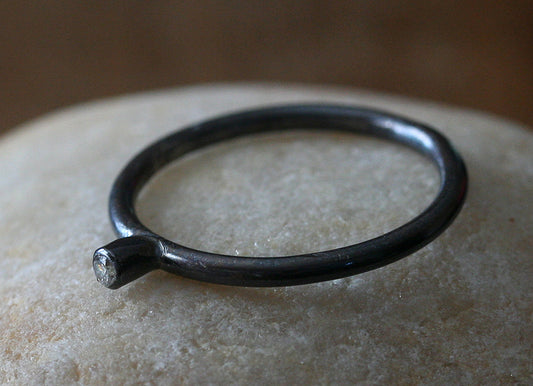 Tiny Cubic Zirconia Tube Set Stacking Ring in Oxidized Sterling Silver • April Birthstone • Size 7
