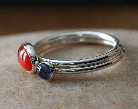 Oval carnelian and iolite stacking rings handmade in New Jersey, US., with ethical silver. 