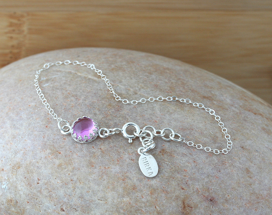 Pink sapphire minimalist bracelet in sustainable sterling silver. Ethical. Handmade in New Jersey, US.