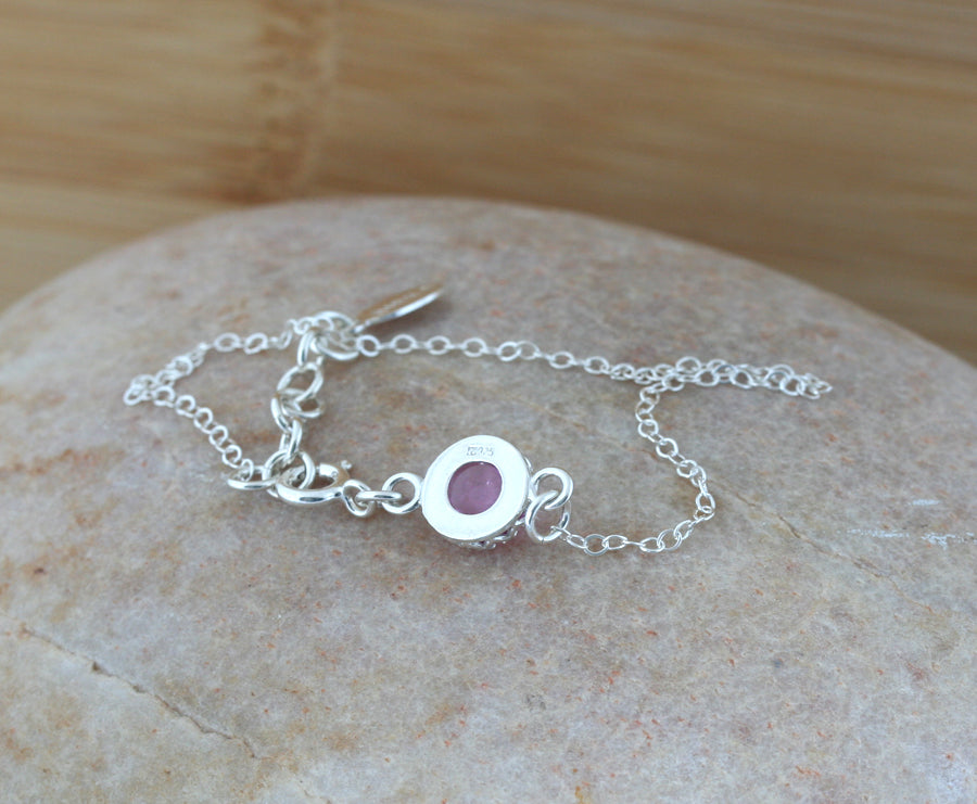 Pink sapphire minimalist bracelet in sustainable sterling silver. Ethical. Handmade in New Jersey, US.