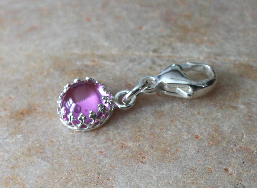 Pink sapphire princess crown clip-on charm in sustainable sterling silver. Ethical. Handmade in New Jersey, US.