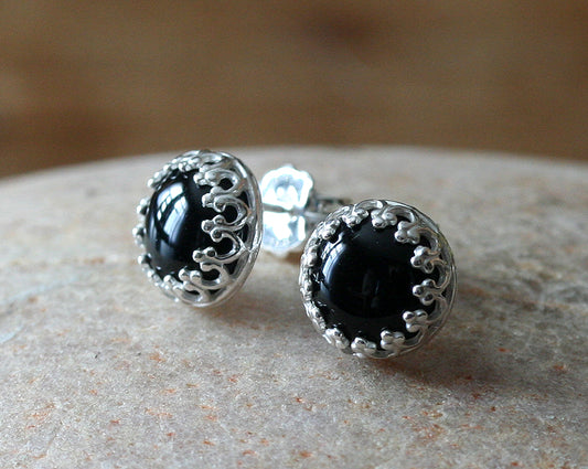 Black Onyx Crown Post Earrings in Sterling Silver
