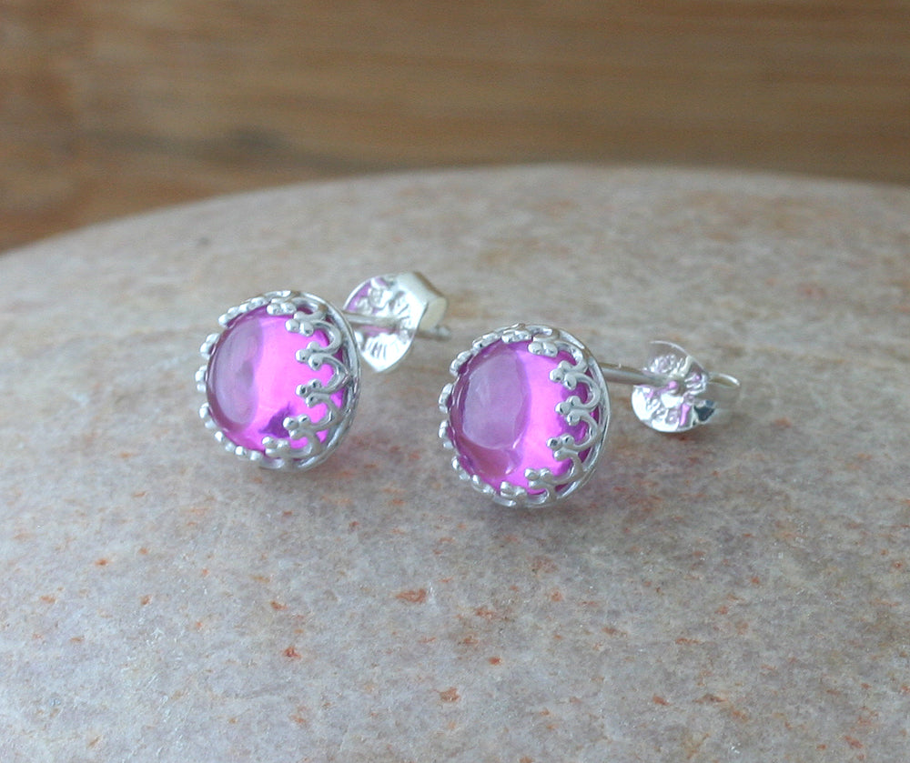 Pink sapphire crown princess earrings in sustainable sterling silver. Ethical. Handmade in New Jersey, US.
