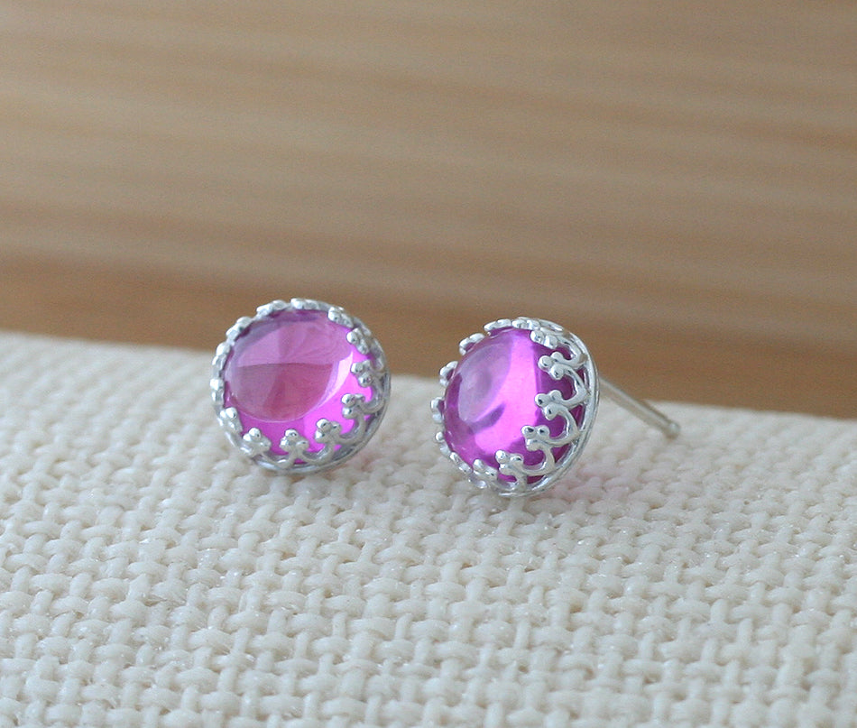 Bright Pink Sapphire Crown Earrings in Sustainable Sterling SilverPink sapphire crown princess earrings in sustainable sterling silver. Ethical. Handmade in New Jersey, US.