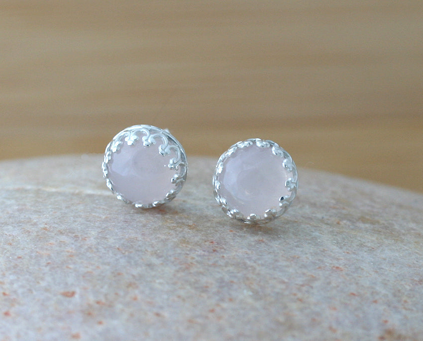 Rose quartz crown princess post earrings in sustainable sterling silver. Handmade in New Jersey, US