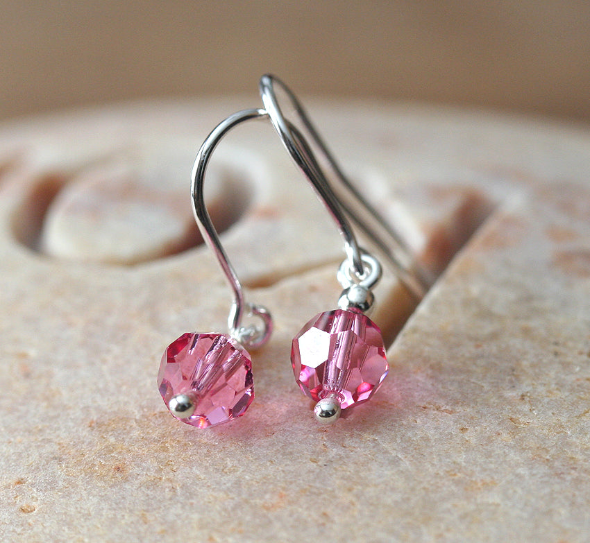 Swarovski Crystal Dangle Earrings in Sterling Silver • Pink Rose • October Birthstone