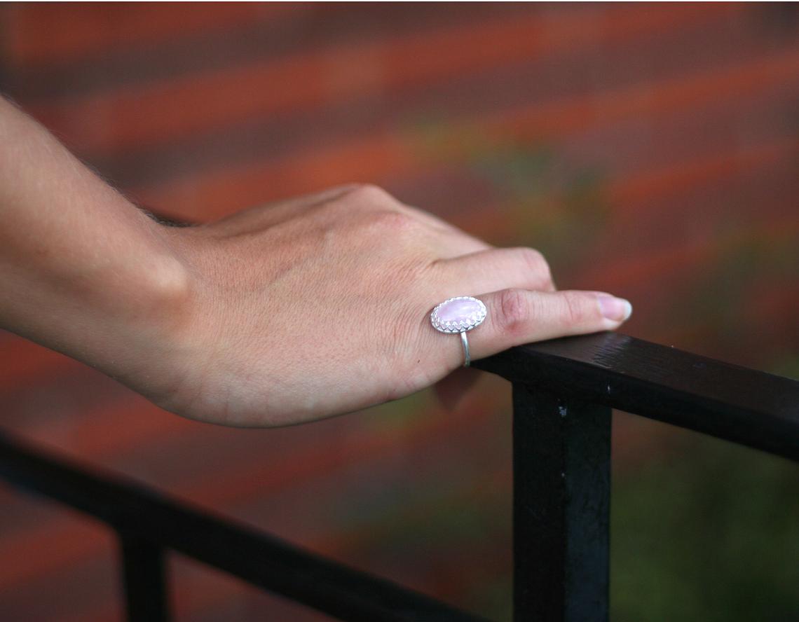 Oval rose quartz crown ring in sustainable sterling silver. Handmade in New Jersey, US