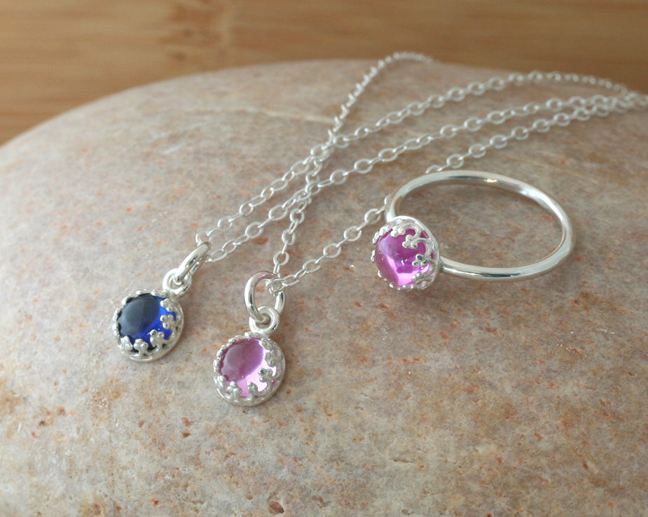 Small ethical blueand pink sapphire princess crown pendant necklace in sustainable sterling silver. Handmade in New Jersey, US