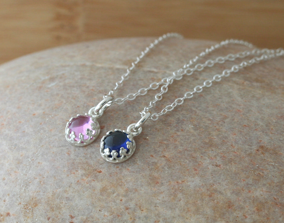 Small ethical blueand pink sapphire princess crown pendant necklace in sustainable sterling silver. Handmade in New Jersey, US