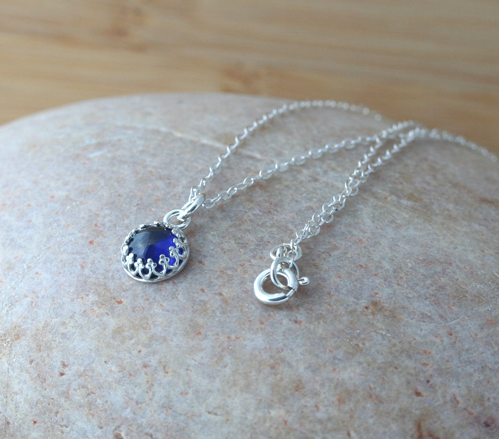 Ethical blue sapphire crown necklace in sterling silver. Handmade in the US.