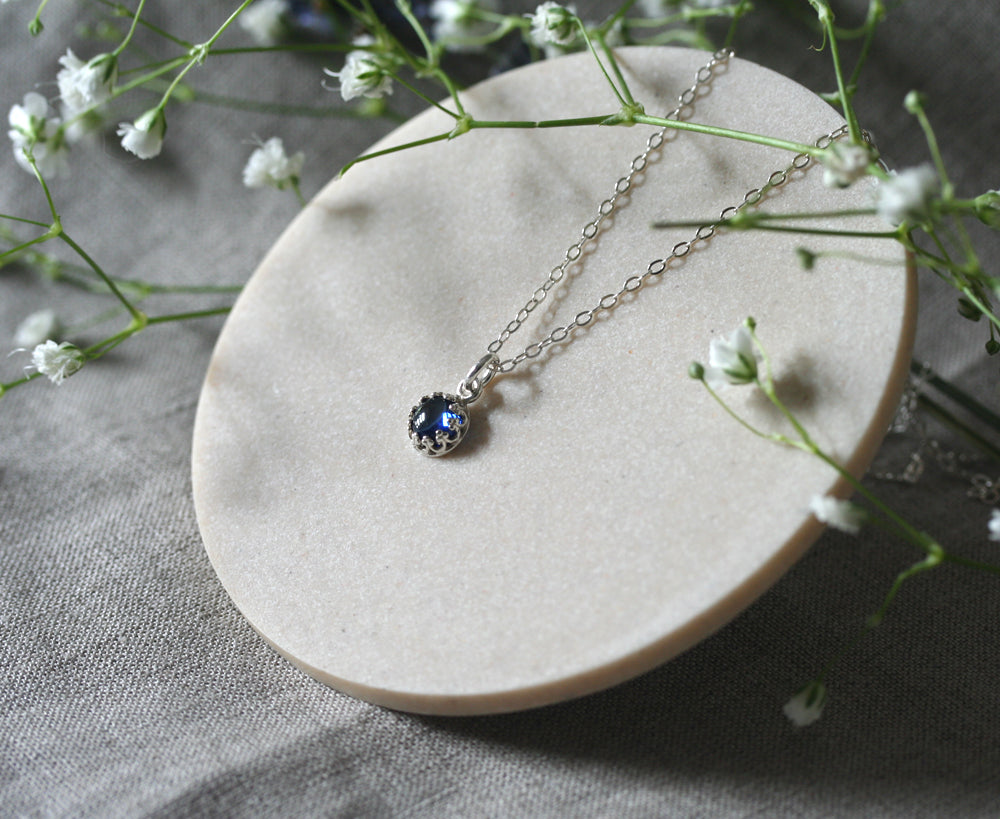 Ethical blue sapphire crown princess necklace pendant. handmade in New Jersey with sustainable silver.