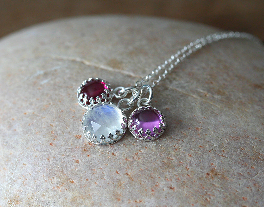 Ruby, and pink sapphire princess crown necklace with ethical stone and sterling silver. Handmade in New Jersey, US.