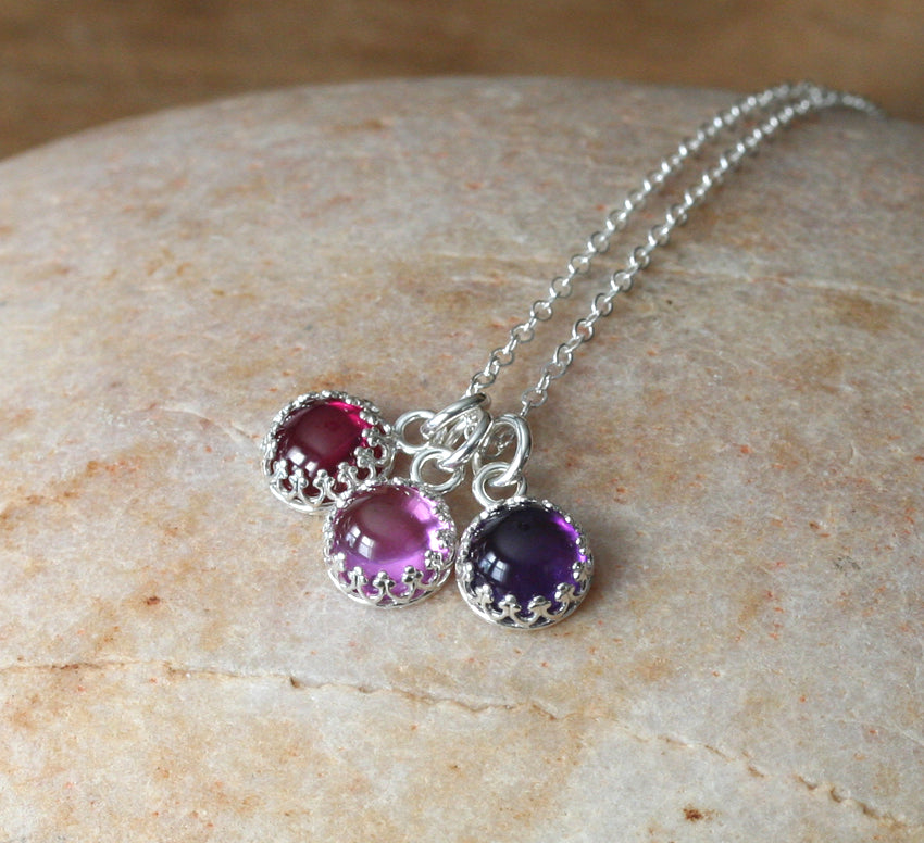 Pink sapphire, ruby, and amethyst princess crown necklaces in sustainable sterling silver. Ethical. Handmade in New Jersey, US.