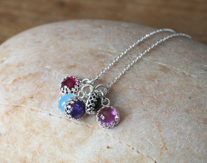 Gemstone princess crown necklaces in sustainable sterling silver. Ethical. Handmade in New Jersey, US.