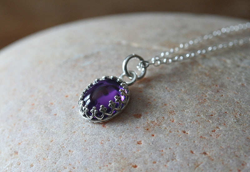Amethyst princess crown necklace in sustainable sterling silver. Handmade in New Jersey, US.