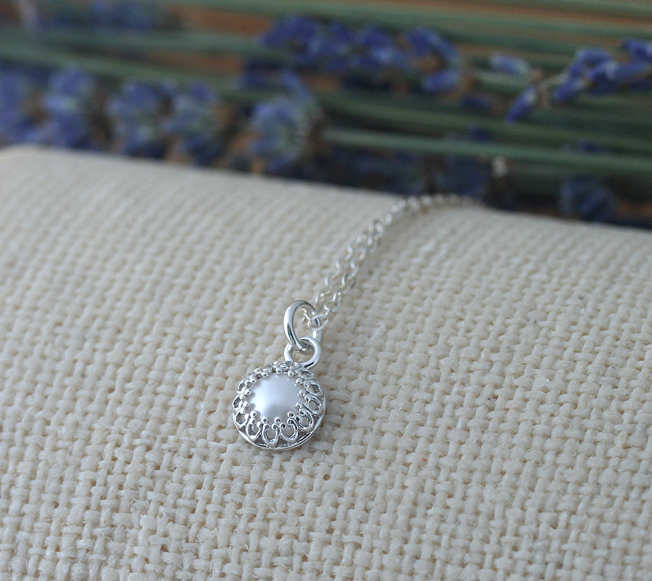 Minimalist pearl crown princess pendant necklace in sustainable sterling silver. Handmade in New Jersey, US. June birthstone pendant necklace.
