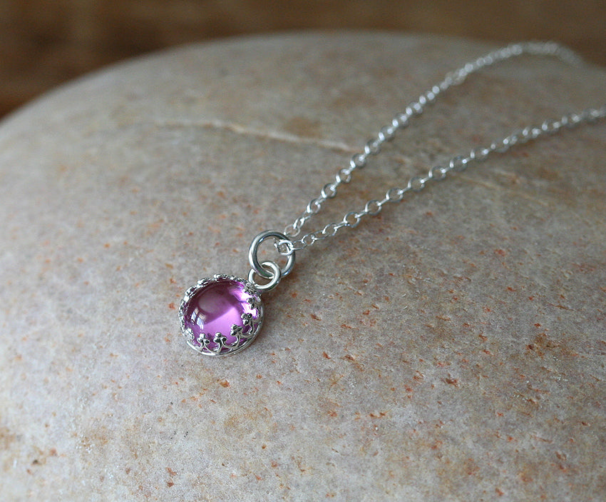Pink sapphire princess crown necklace in sustainable sterling silver. Ethical. Handmade in New Jersey, US.