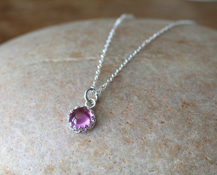 Pink sapphire crown princess necklace in sustainable sterling silver. Ethical. Handmade in New Jersey, US.